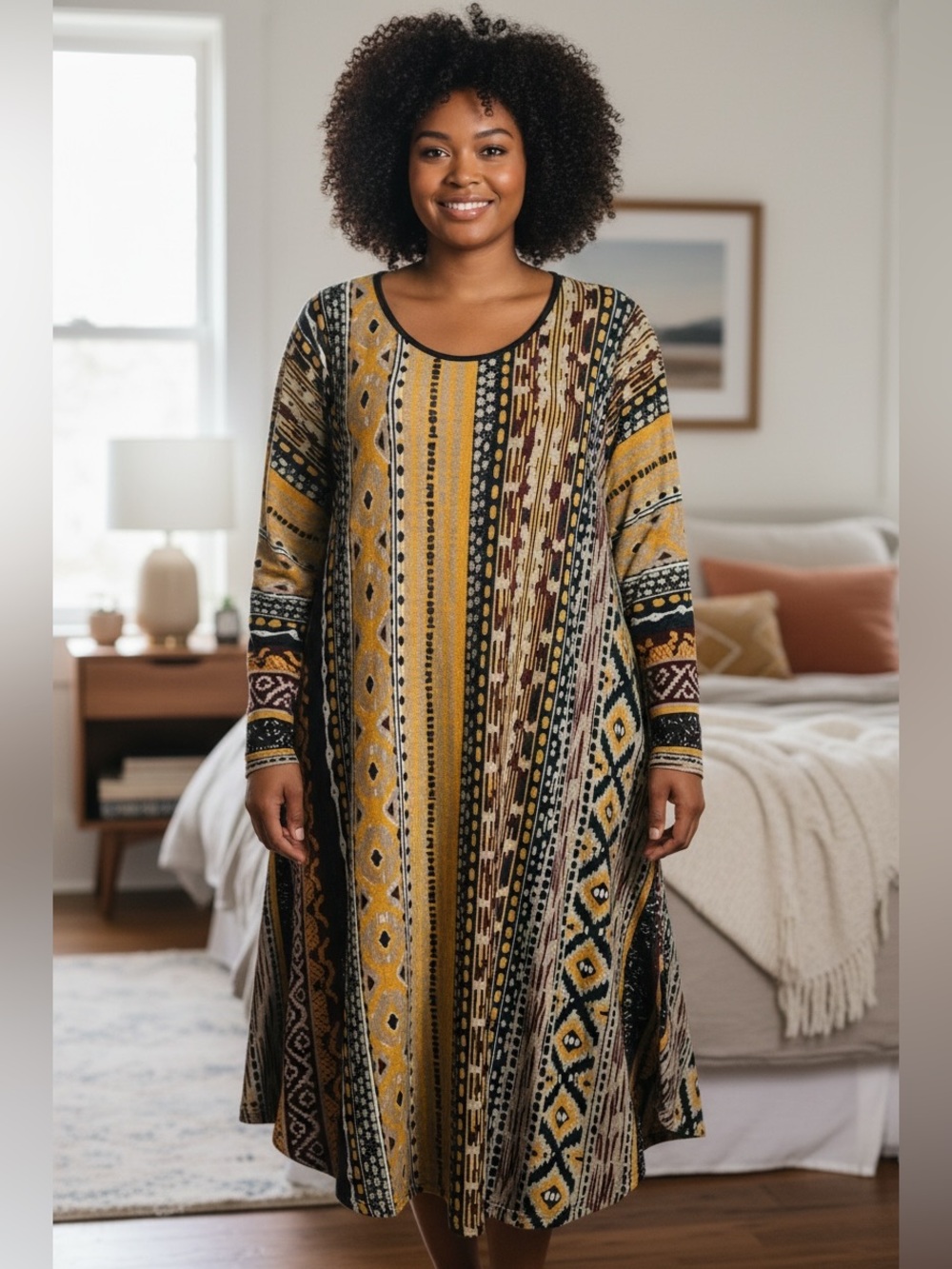 Zanzea Mustard Multi Boho Long Sleeve Maxi Dress
